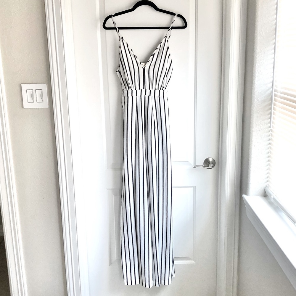 White and Black Stripe Split Leg Jumpsuit
